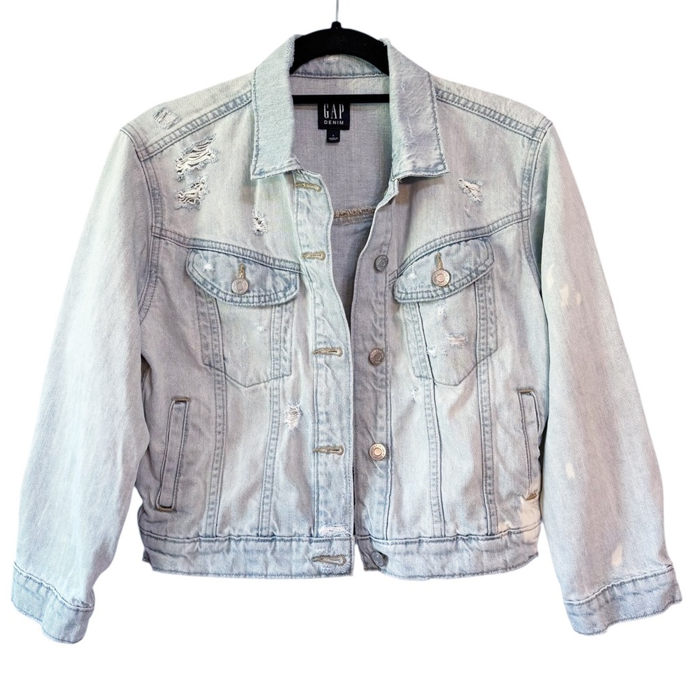 GAP Icon Oversized Crop Distressed Denim Jacket Light Indigo Size Small